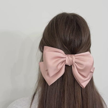 Large Satin Hair Bow Barrette Clip - Pink