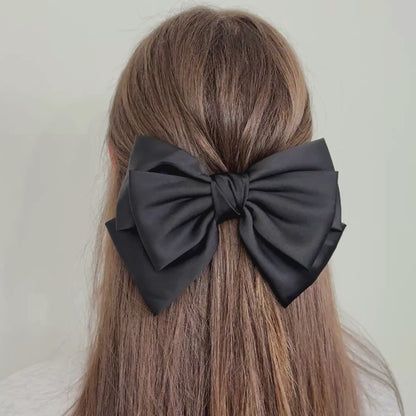 Large Satin Hair Bow Barrette Clip - Black