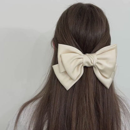 Large Satin Hair Bow Barrette Clip - Cream